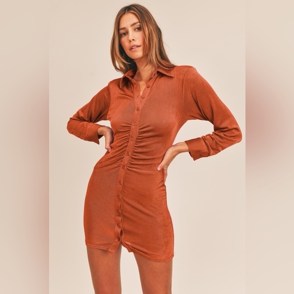 Front Ruched Button-Down Skinny Mini Shirt Dress